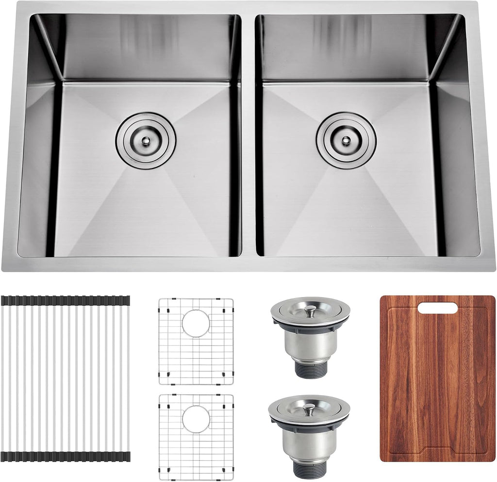 32 Inch Double Bowl Kitchen Sink 16 Gauge Stainless Steel Undermount Kitchen Sink 50/50 Deep Rectangular Sinks with Accessories 32' x 19' x 10'
