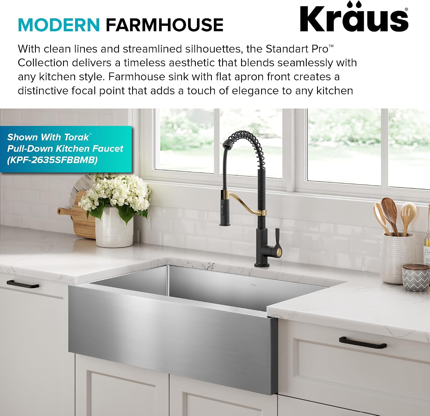 KRAUS Standart Pro 33-Inch Flat Apron Front Farmhouse 16-Gauge Single Bowl Stainless Steel Kitchen Sink, KHF410-33