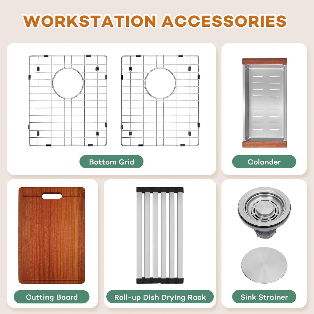 Rhbamoa Double Farmhouse Sink 36 Inch,16-Gauge T304 Stainless Steel Drop In Farm Sink,50/50 Topmount Double Bowl Apron Front Farm Sinks,10 Inch Deep Workstation Sinks with All Accessories