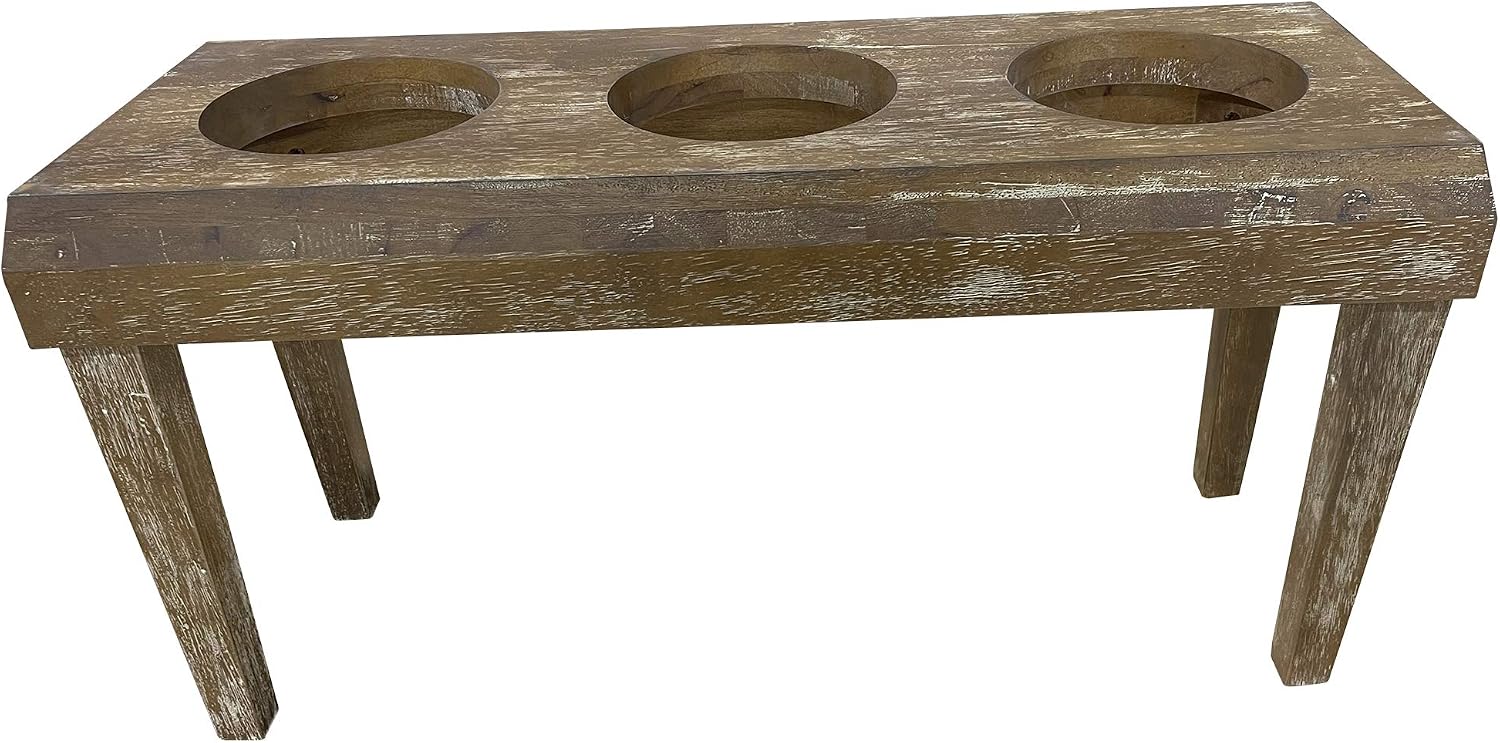 | 3 Bowl Dog Feeder - Aluminum Bowls - Washed Oak Finish - Raised Dog Feeder - 16 inch Tall - Brown