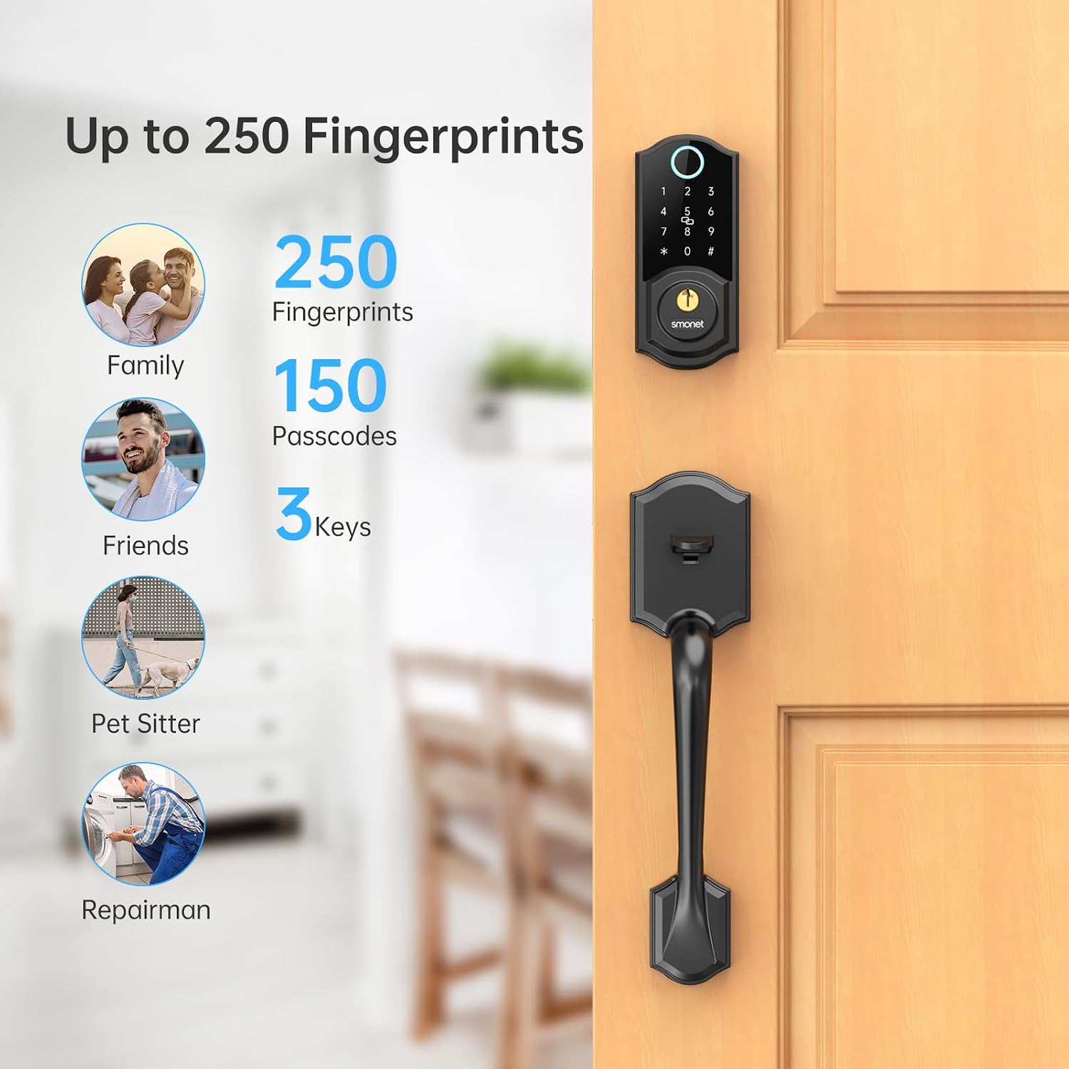 Smart Lock Front Door Set - SMONET Keyless Entry Door Lock with Handle Smart Front Door Lock Set Fingerprint Smart Deadbolt Bluetooth Electronic Digital Keypad Lock Auto Compatible with Alexa