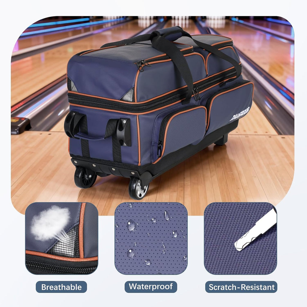3 Ball Bowling Bags with Wheels, Bowling Bags 3 Ball Roller - 900D Oxford Waterproof PU, Bowling Bag with Multi-Separate Storage Pockets & Retractable Handle Extends to 40''