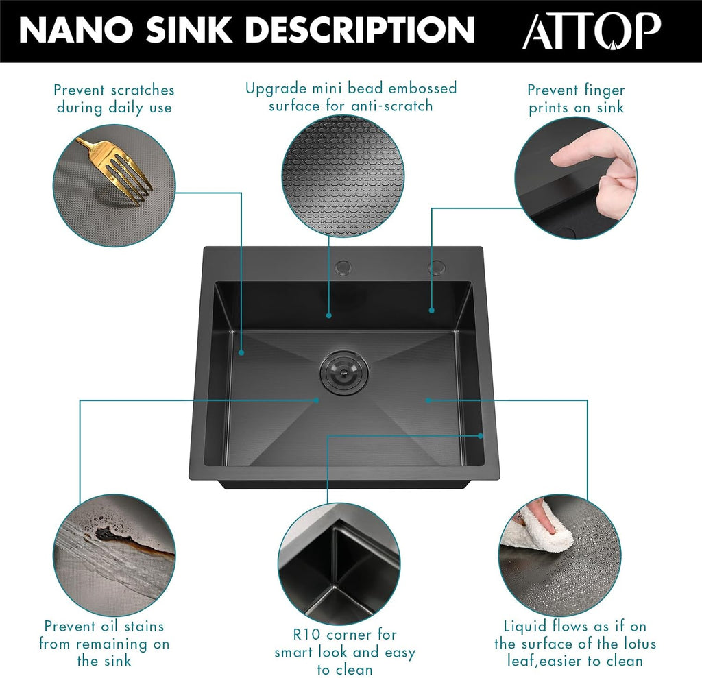 ATTOP 25 Inch Black Drop in Stainless Steel Medium Single Bowl Kitchen Sink,25x22 Nano Black Handmade Single Bowl Drop in Kitchen Sink