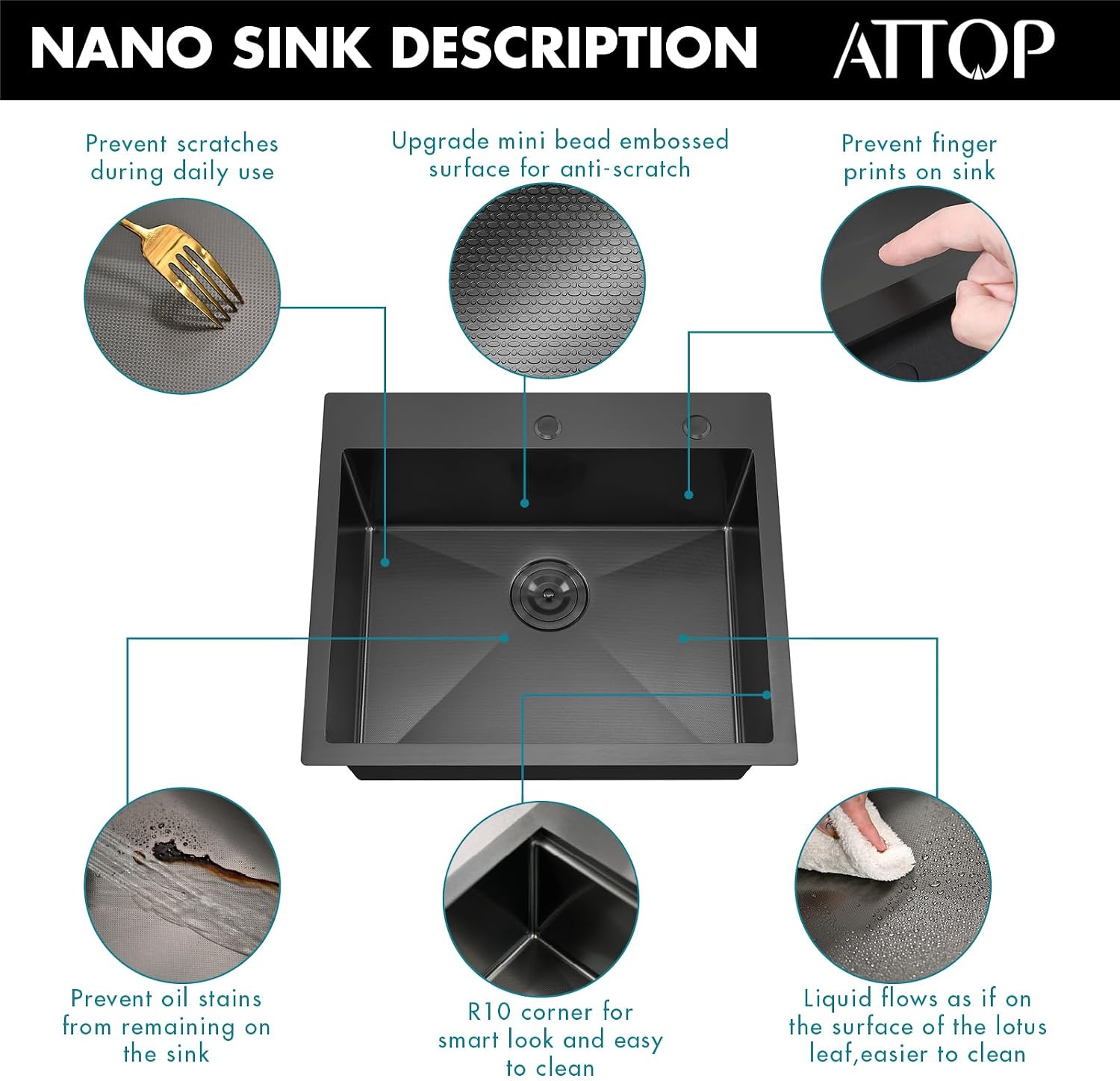 ATTOP 25 Inch Black Drop in Stainless Steel Medium Single Bowl Kitchen Sink,25x22 Nano Black Handmade Single Bowl Drop in Kitchen Sink