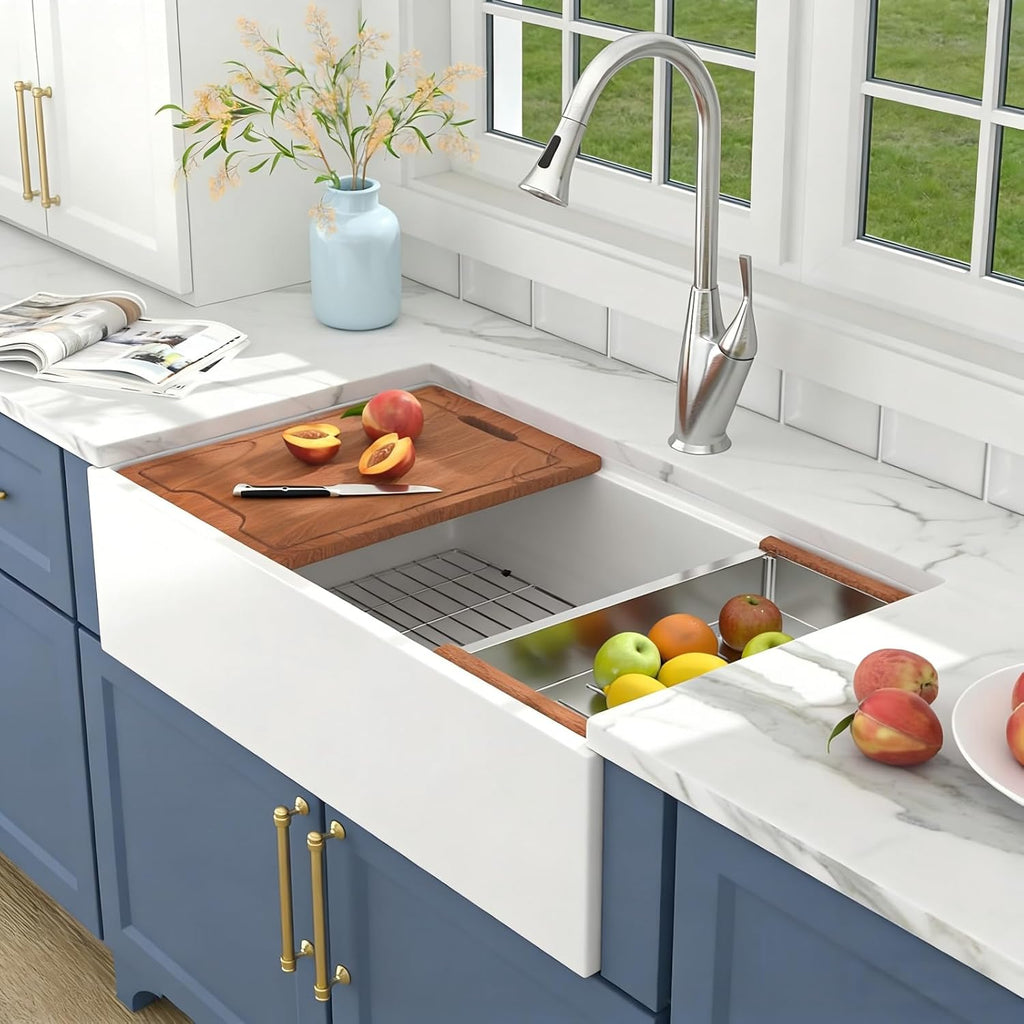 White Farmhouse Sink 33 Inch Kitchen Sinks Workstation Flat Fireclay Porcelain Ceramic Single Bowl Farm Sinks 33x20x10 Inch with Red Wooden Cutting Board