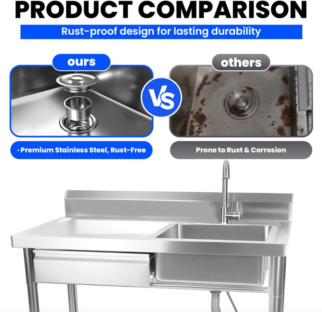 Stainless Steel Utility Sink, NFS-Commercial Sink, 39' Free Standing Single Bowl Sink with Drawer & Hot/Cold Water Pipe, Workbench for Laundry & Outdoor