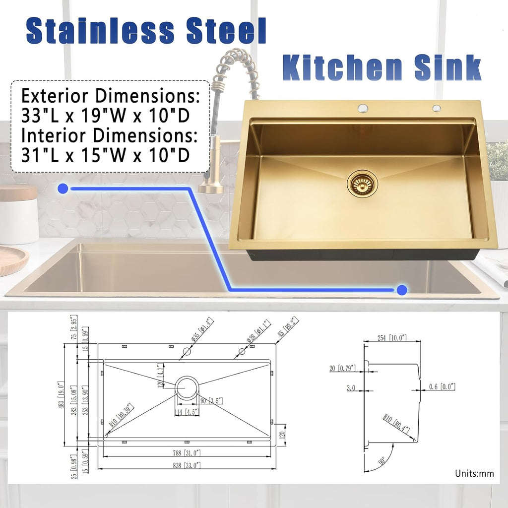 33x19 Inch Gold Drop In Kitchen Sink with Faucet - Brushed Finish Stainless Steel Single Bowl Workstation Sinks, Includes Accessories Set, Easy to Install for Home & Restaurant