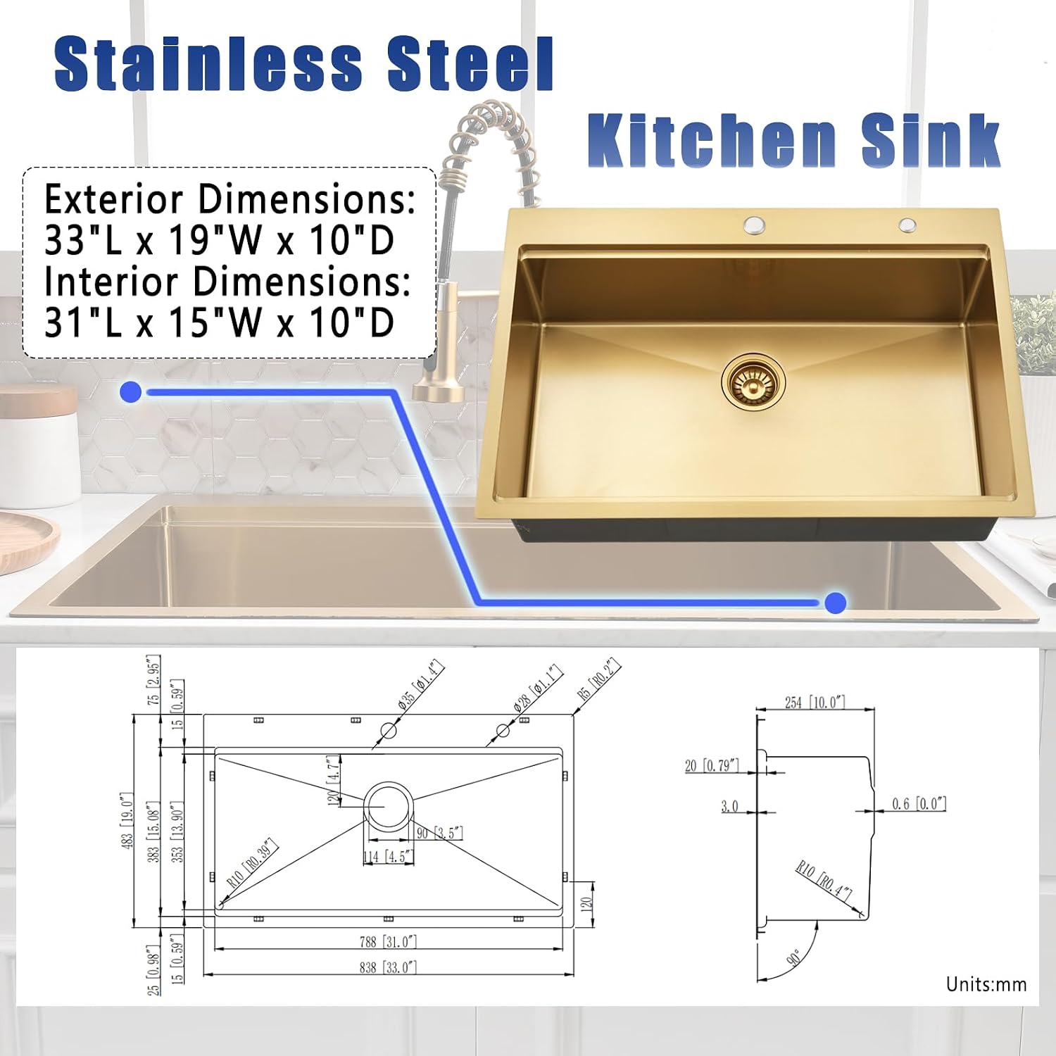 33x19 Inch Gold Drop In Kitchen Sink with Faucet - Brushed Finish Stainless Steel Single Bowl Workstation Sinks, Includes Accessories Set, Easy to Install for Home & Restaurant