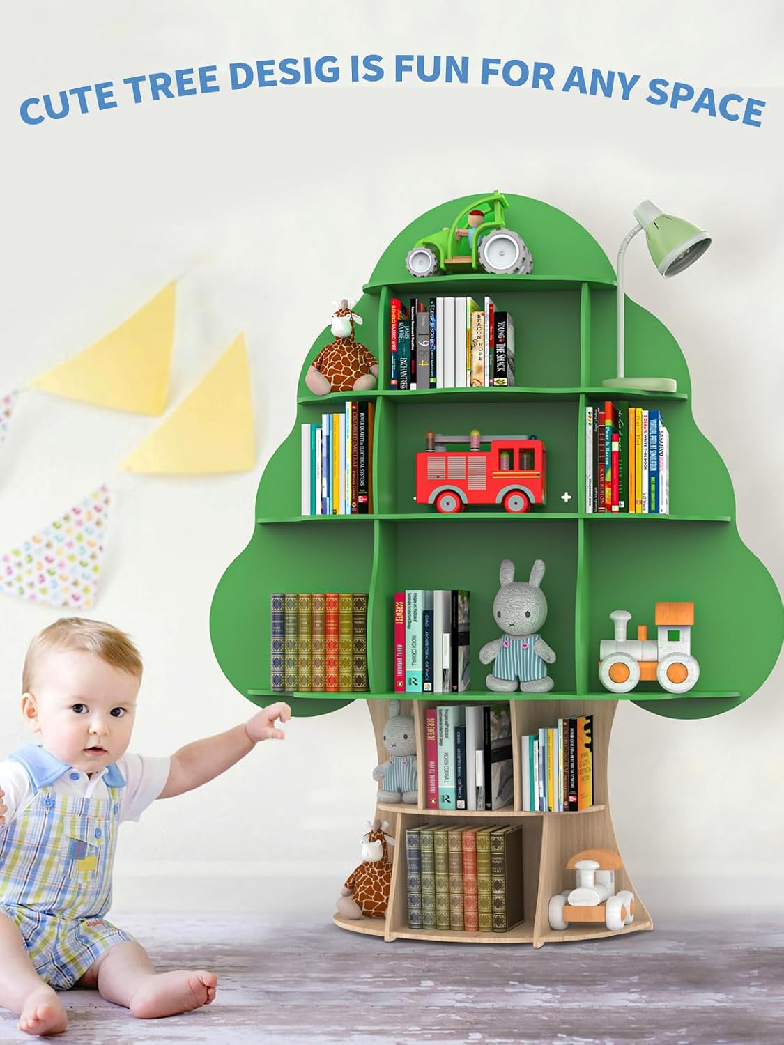 Bear Qiaqia Tree Kids Bookshelf, Toddler Wood Bookcase, 16-Cubby Children Toy Storage Organizer Book Shelf for Kids Rooms, Nursery, Bedroom, Living Room, Classroom, Boy Girl's Gift (Green Tree)