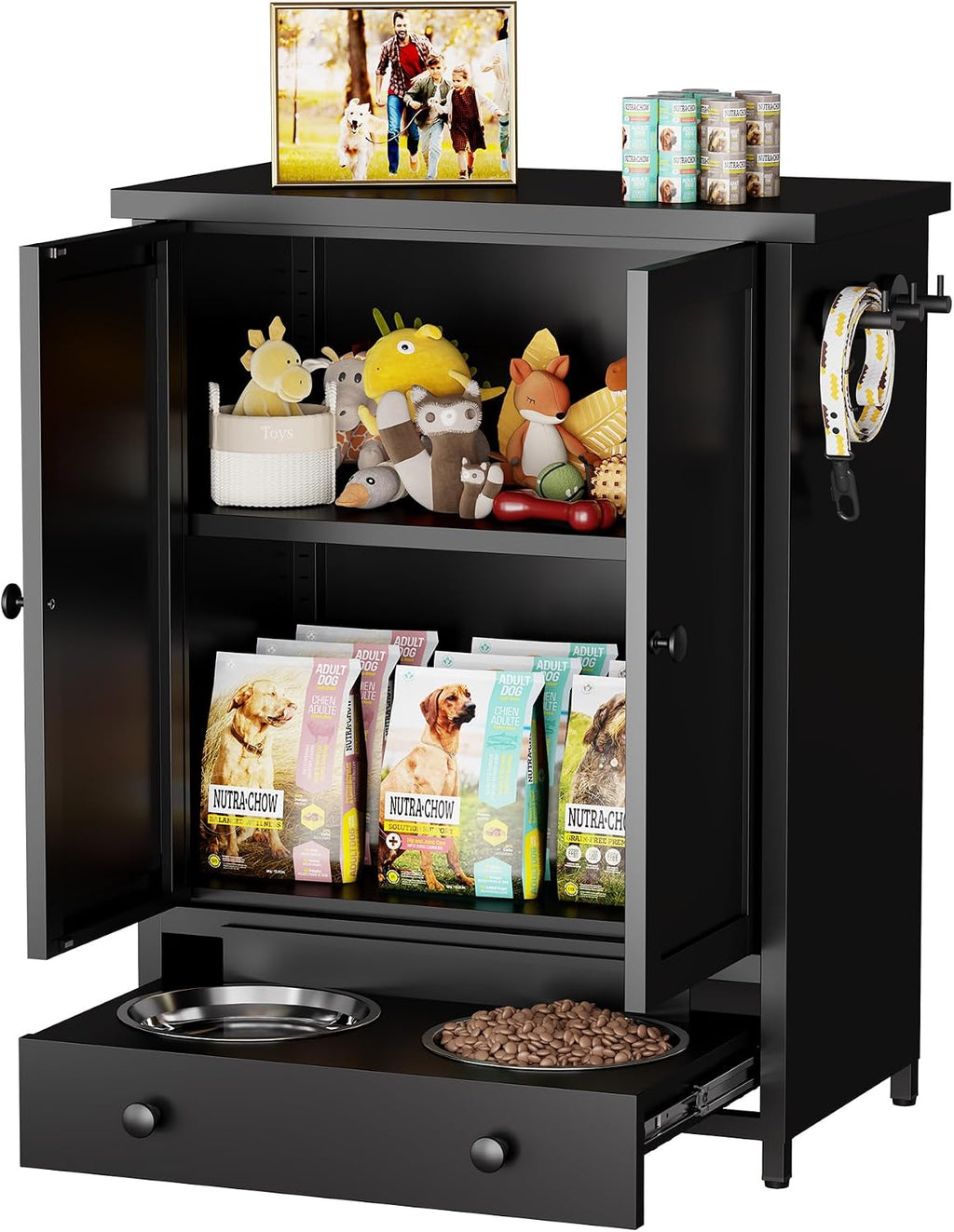 Dog Feeding Station with Storage, Metal Dog Food Storage Cabinet with 2 Elevated Bowls and 3 Hooks, Pet Feeding Station and Food Storage Organizer, Black