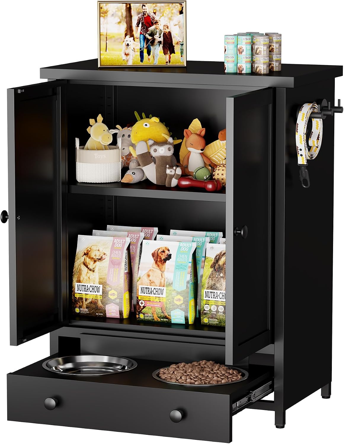 Dog Feeding Station with Storage, Metal Dog Food Storage Cabinet with 2 Elevated Bowls and 3 Hooks, Pet Feeding Station and Food Storage Organizer, Black