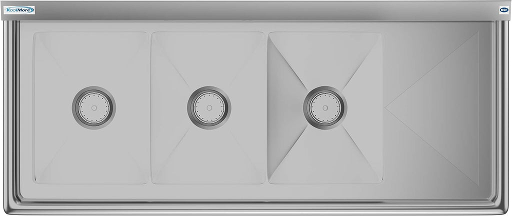 KoolMore - SC121610-12R3 3 Compartment Stainless Steel NSF Commercial Kitchen Sink with Drainboard - Bowl Size 12' x 16' x 10', Silver