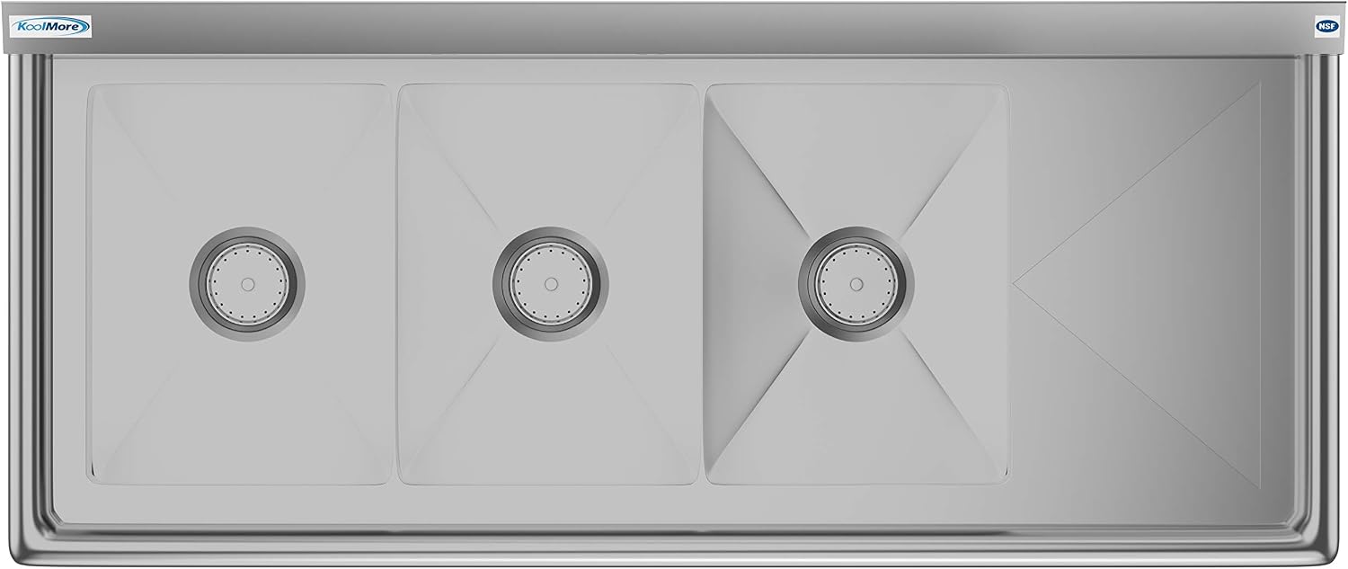 KoolMore - SC121610-12R3 3 Compartment Stainless Steel NSF Commercial Kitchen Sink with Drainboard - Bowl Size 12' x 16' x 10', Silver