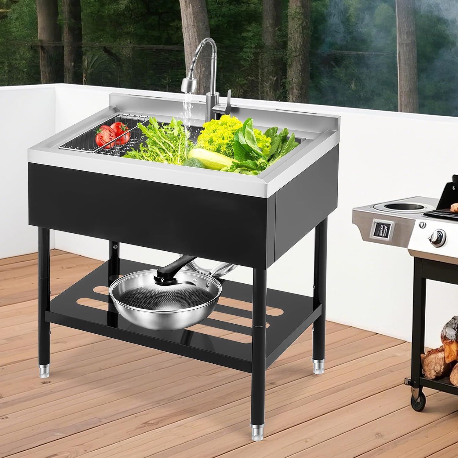 Garvee 36' Black Stainless Steel Utility Sink with Faucet, Adjustable Height Freestanding Commercial Sink with Hot & Cold Water, Shelf, Basket & Drain Kit for Kitchen, Garage, Laundry, or Outdoor Use