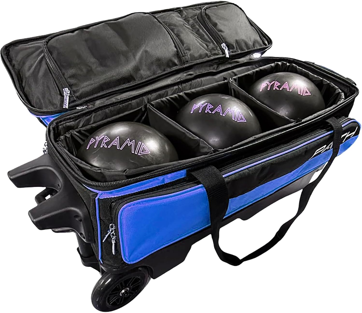 Pyramid Path Triple Premium Deluxe Roller Bowling Bag With Extra Large Separate Shoe Compartment (Up To US Mens Size 16) and 5 Accessory Pockets, 5' Wheels, Retractable Locking Handle - Extends to 42'