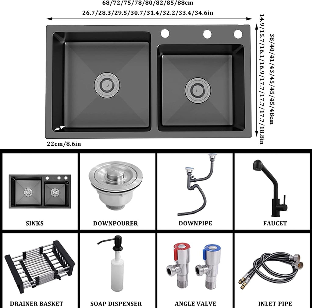 Black Double Bowl Kitchen Sink 304 Stainless Steel Bar Sink Square RV Sink with Faucet & Drain Top Mount Or Undermount (Color : Black-d, Size : 68x38x22cm)