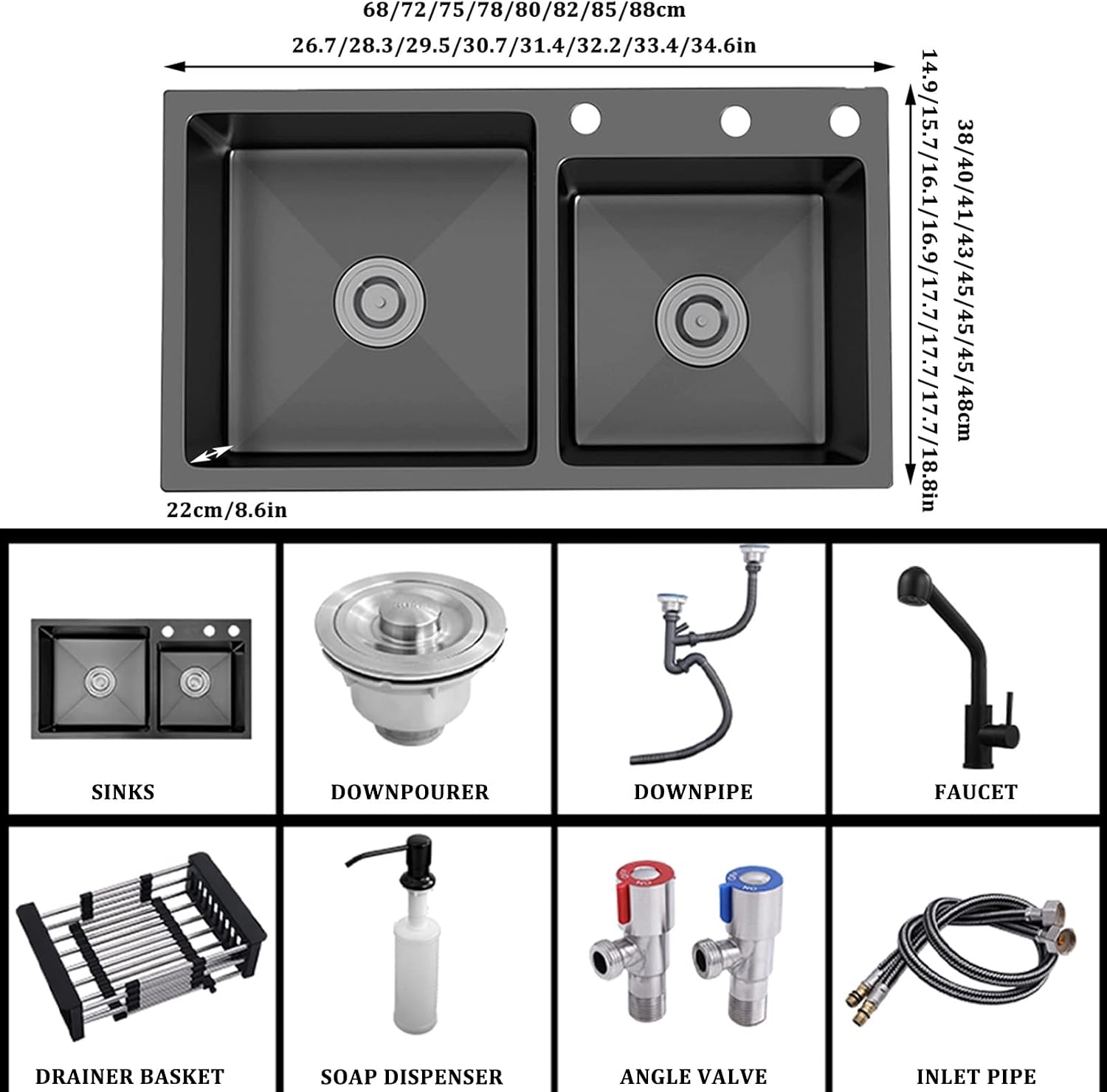 Black Double Bowl Kitchen Sink 304 Stainless Steel Bar Sink Square RV Sink with Faucet & Drain Top Mount Or Undermount (Color : Black-d, Size : 88x48x22cm)