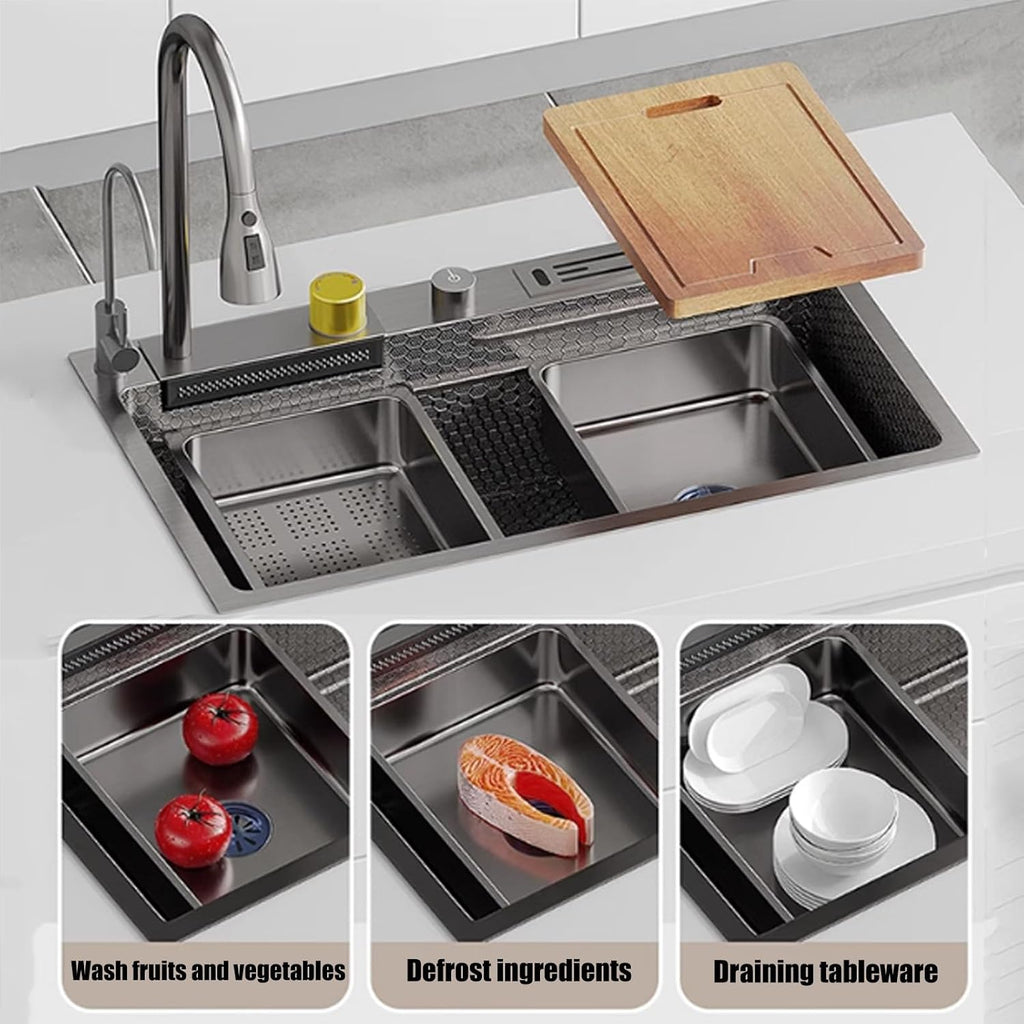 Single Bowl Kitchen Sink with Stainless Steel Sink with Waterfall Waterfall Water Left with Knife Box with Pull-Out Tap (A-68x45CM