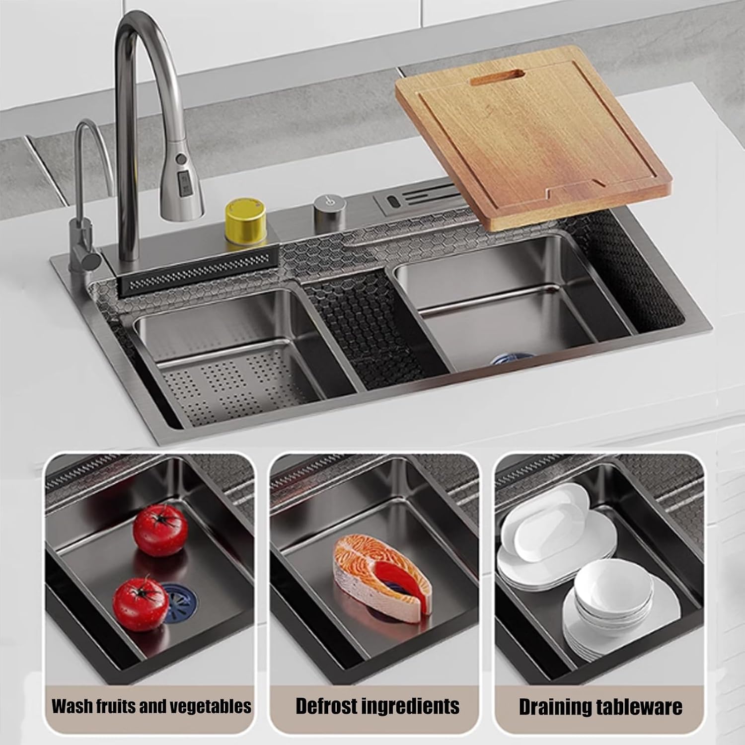 Single Bowl Kitchen Sink with Stainless Steel Sink with Waterfall Waterfall Water Left with Knife Box with Pull-Out Tap (A-68x45CM
