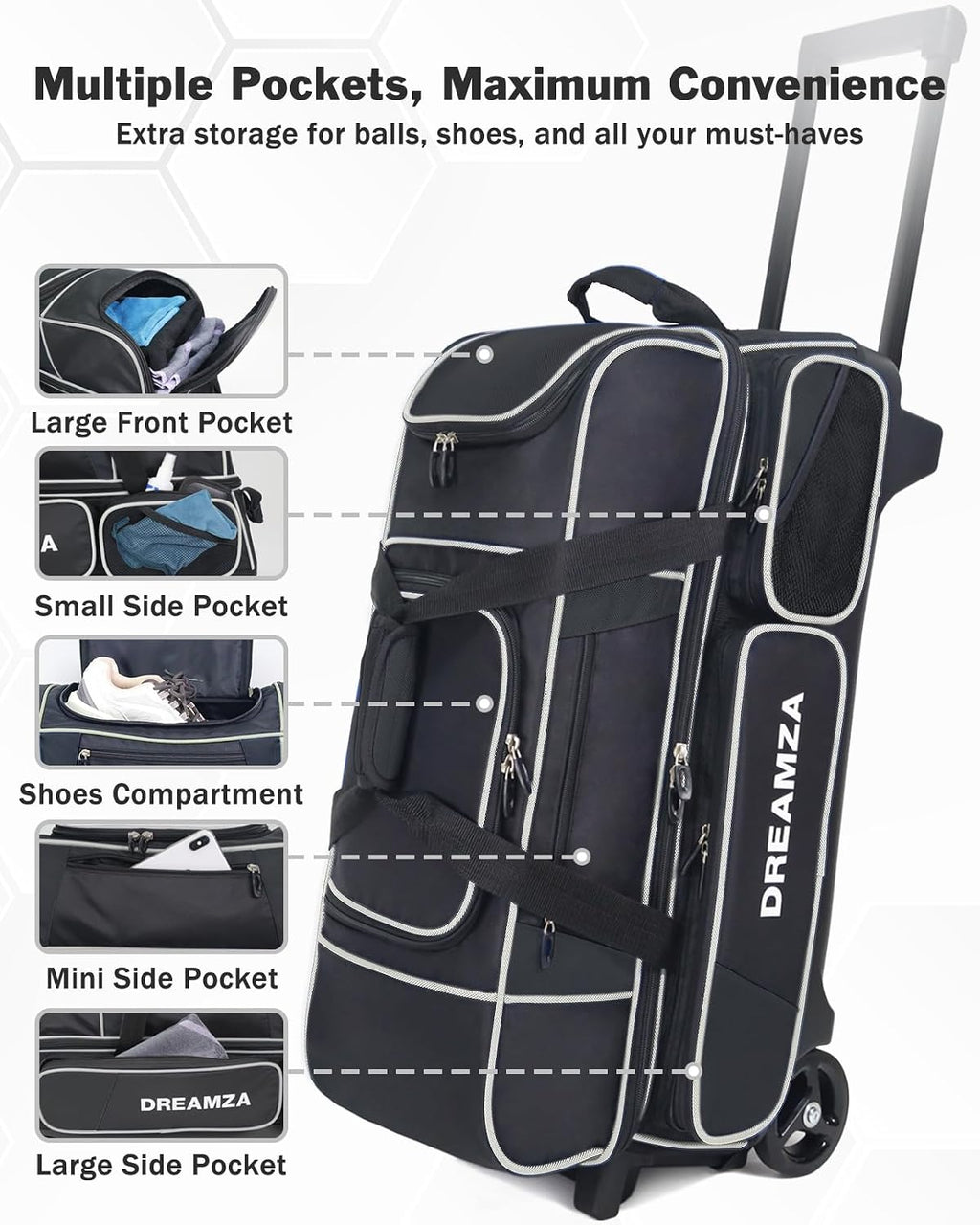 3 Ball Bowling Bags with Wheels & Shoe Pocket, Premium Bowling Ball Bag 3 Ball Roller, Effortless-Rolling 3 Ball Bowling Bag w/Multi-Storage Pockets & Telescopic Handle Extends to 40''