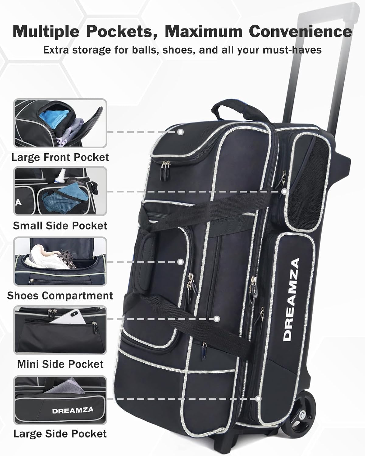 3 Ball Bowling Bags with Wheels & Shoe Pocket, Premium Bowling Ball Bag 3 Ball Roller, Effortless-Rolling 3 Ball Bowling Bag w/Multi-Storage Pockets & Telescopic Handle Extends to 40''