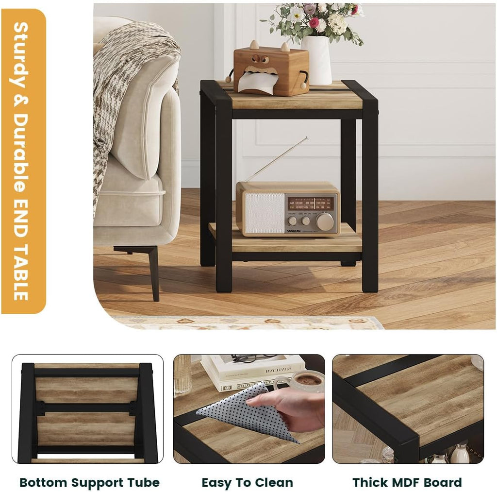 BON AUGURE End Table Set of 2, Rustic Farmhouse Side Table with Storage Shelf, Small Square Nightstand for Bedroom, 2 Tier Sofa Accent Table for Living Room, Space Saving (Vintage Oak)