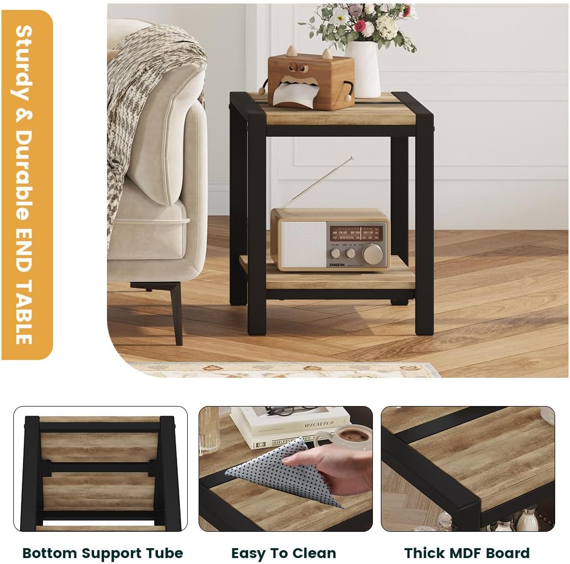 BON AUGURE End Table Set of 2, Rustic Farmhouse Side Table with Storage Shelf, Small Square Nightstand for Bedroom, 2 Tier Sofa Accent Table for Living Room, Space Saving (Vintage Oak)