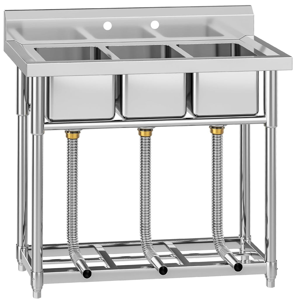 YITAHOME Freestanding Commercial 3 Bay Kitchen Under bar Sink NSF Stainless Steel 3 Compartment Bowl Outdoor Sink with Storage Shelve, Backsplash for Restaurant, Food Truck & Home (39'x 18'x 37')