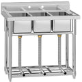 YITAHOME Freestanding Commercial 3 Bay Kitchen Under bar Sink NSF Stainless Steel 3 Compartment Bowl Outdoor Sink with Storage Shelve, Backsplash for Restaurant, Food Truck & Home (39'x 18'x 37')