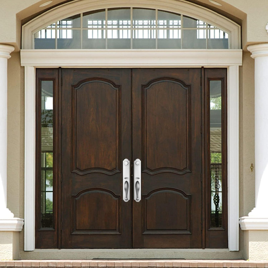 Double Door Handle Set for Front Door, Brushed Nickel Keyed&Dummy Exterior Door Lockset with Deadbolt, Reversible for Right&Left Handed