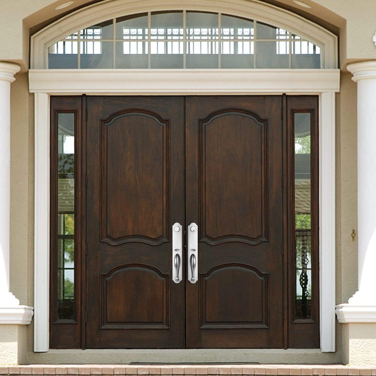 Double Door Handle Set for Front Door, Brushed Nickel Keyed&Dummy Exterior Door Lockset with Deadbolt, Reversible for Right&Left Handed