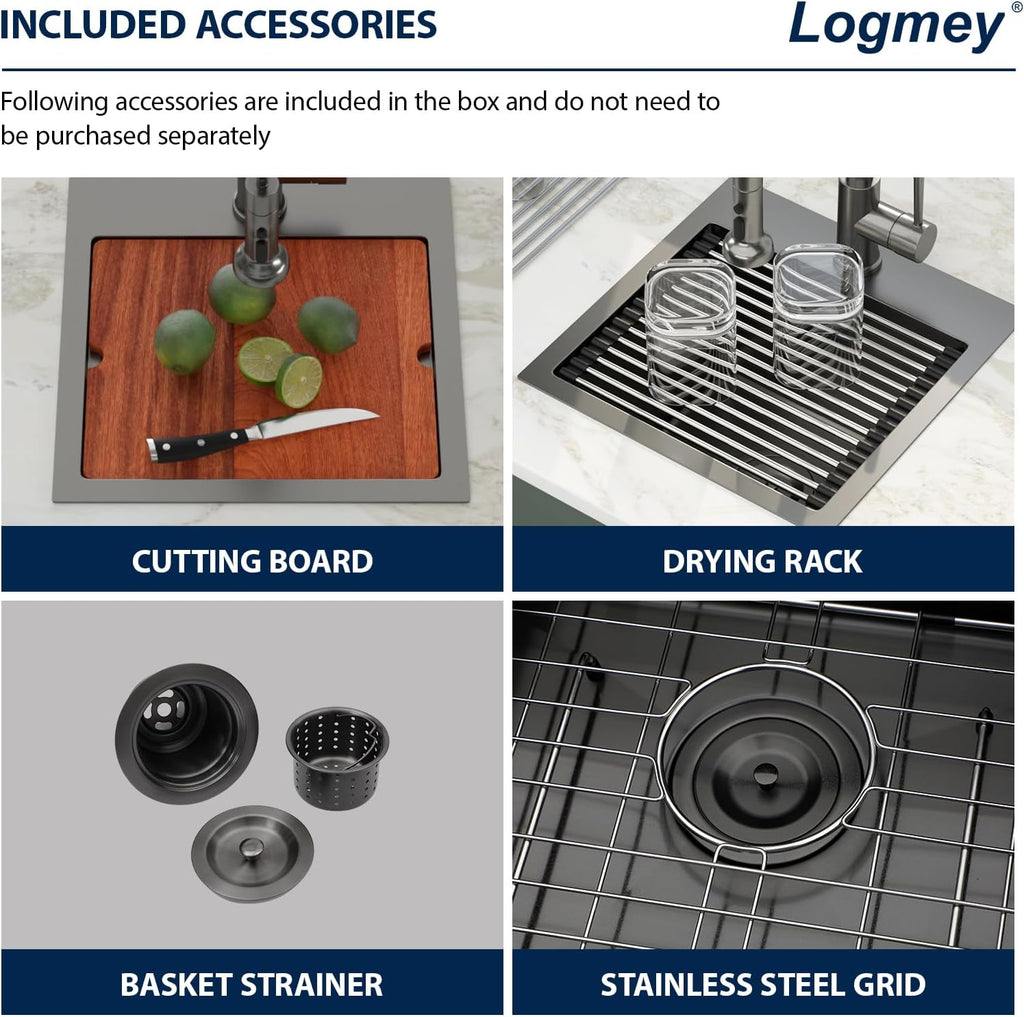 Logmey 15' Square Drop in Bar Sink,PVD Nano Gun Black 16 Gauge Stainless Steel,15x15x9 Workstation Sink for Kitchen Prep,RV,Wet Bar & Outdoor