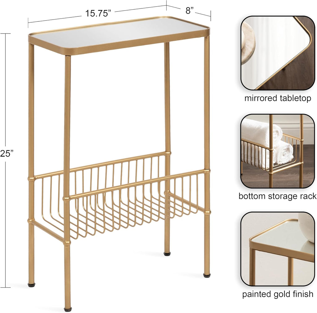 Kate and Laurel Trubey Modern Mirrored Rectangle Narrow Side Table, 16 x 8 x 25, Gold, Modern Glam Slim End Table with Bottom Wire Storage Rack and Mirrored Tabletop