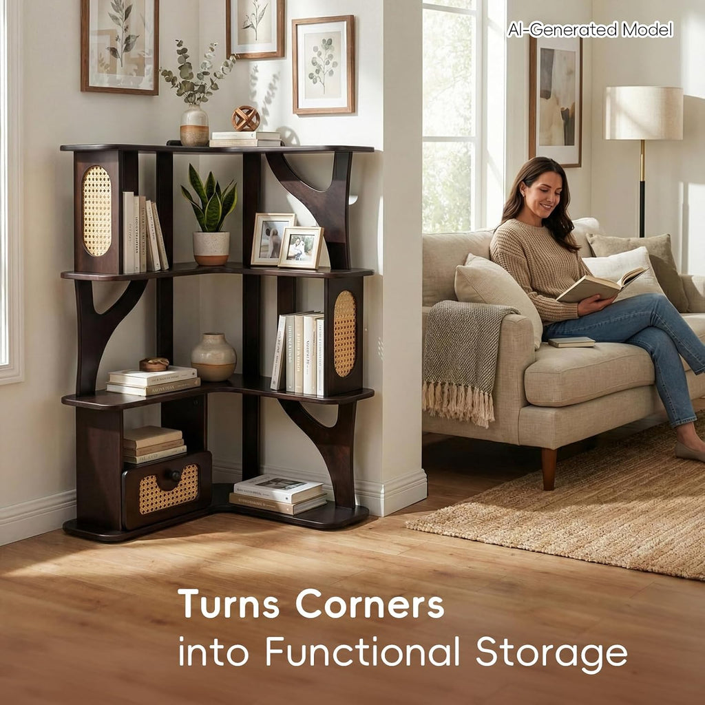 Rubber Wood Corner Shelf, 4 Tier Modern Corner Bookshelf, Freestanding Display Shelf Stand for Home Office, Living Room, Bedroom
