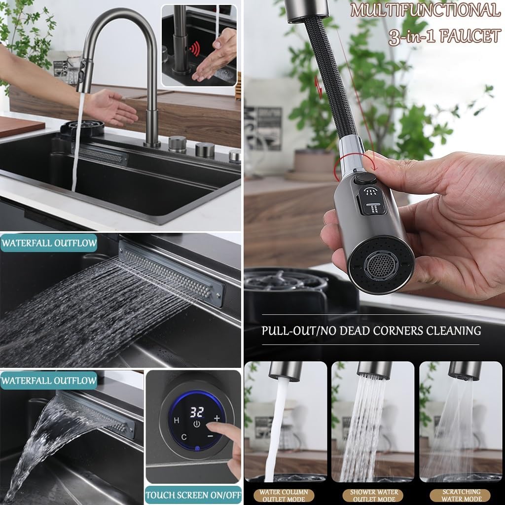 Stainless Steel Waterfall Kitchen Sink with Pull-Out Faucet Multi-Functional Single Bowl Bar Counter Kitchen Sink with Drain Basin Cutting Board and Cup Washer (Black 75x48x21cm)