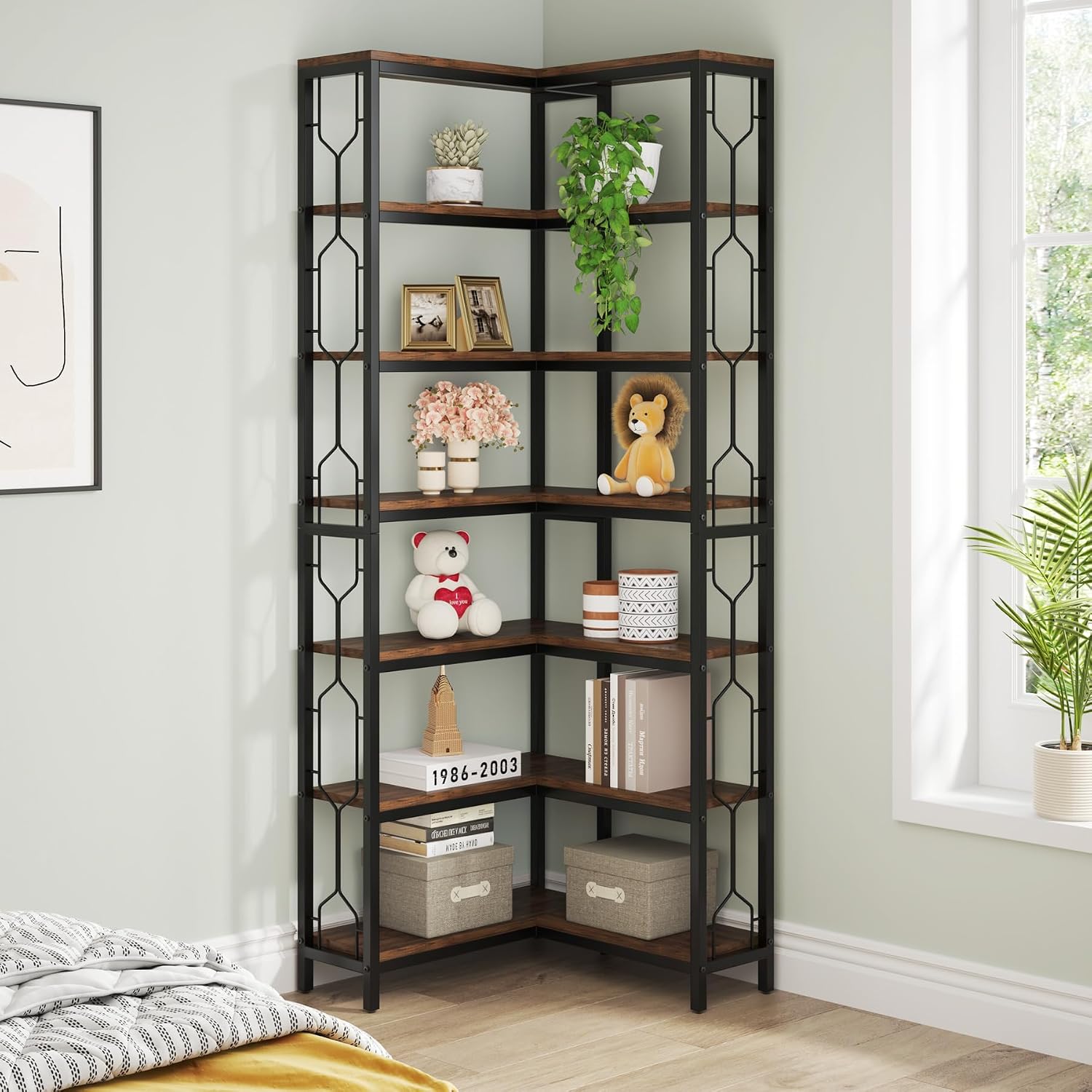LITTLE TREE Corner Bookshelf, 7-Tier Bookcase, Tall Book Shelf Modern Book Case for Books, Garage Kit, CDs, Movies, Industrial Storage Organizer for Bedroom Home Office Kitchen Living Room, Brown