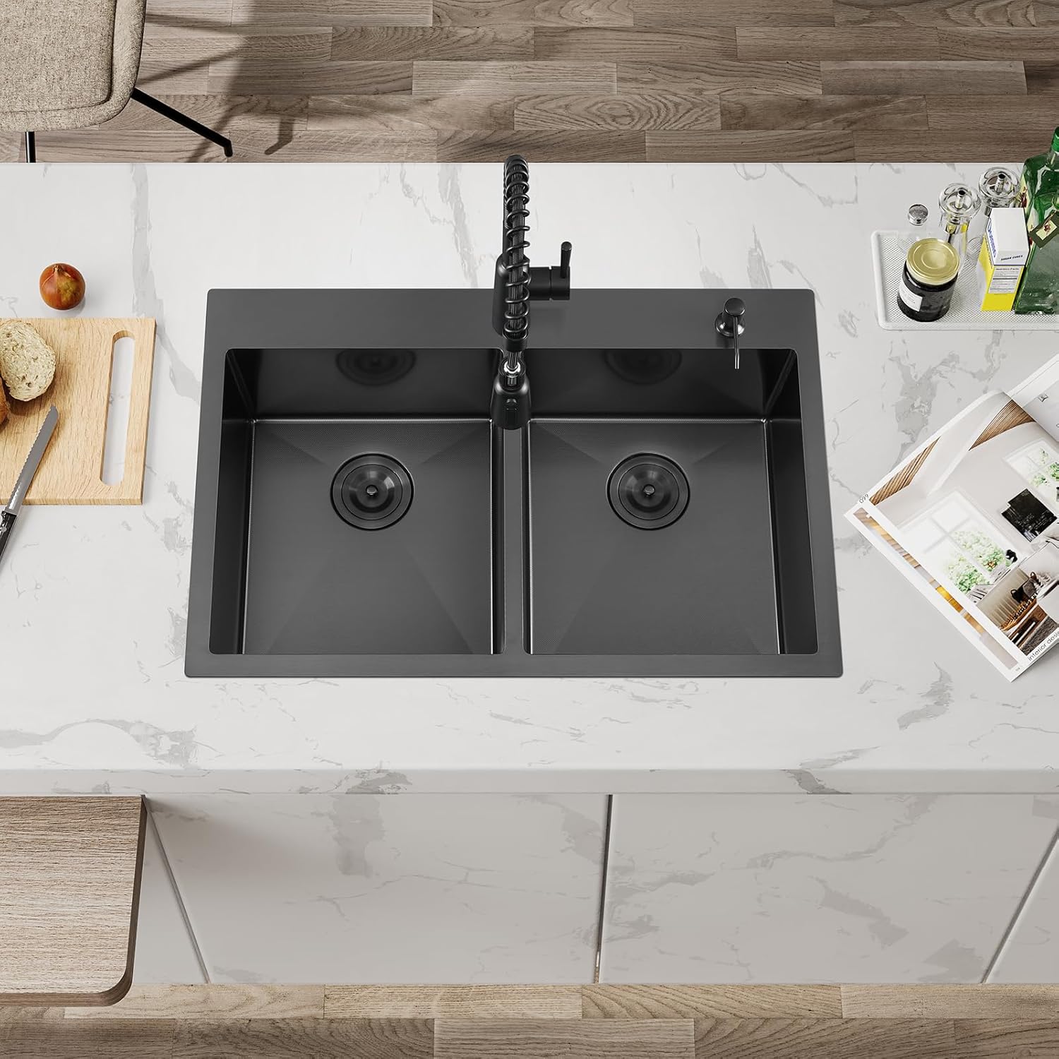 ATTOP 33 Inch Black Drop in Double Bowls Kitchen Sink,33x22 Inch Nano Black Handmade Stainless Steel Double Drop in Kitchen Sink