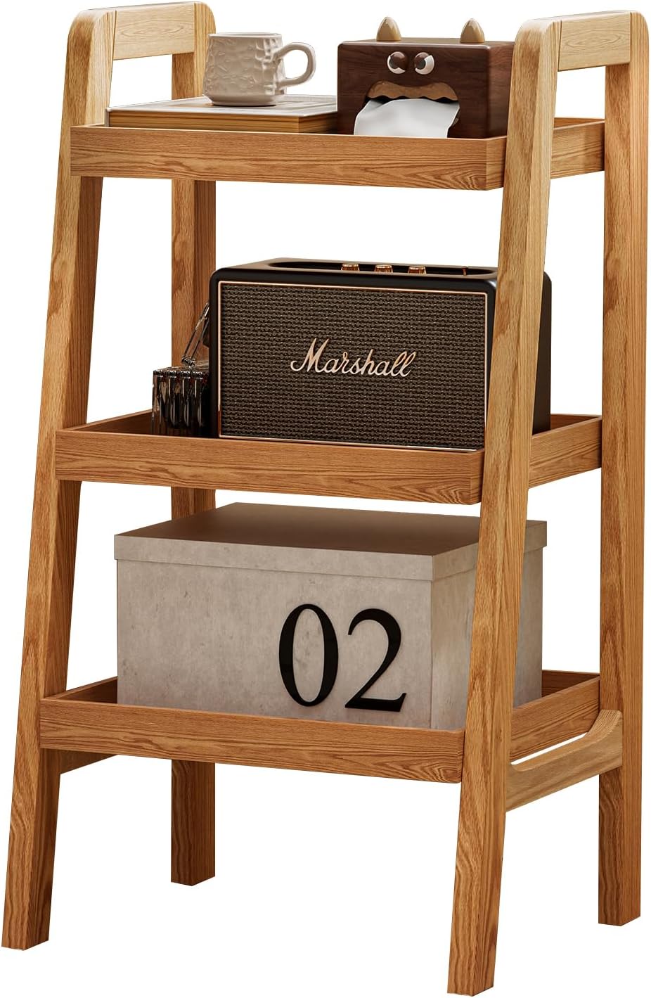 100% Solid Wood 3-Tiers Ladder Shelf, Small Bookcase, Ladder Bookshelf, End/Side Table for Living Room, Display Storage Open Shelf for Bedroom Kitchen Bathroom (Natural Color)