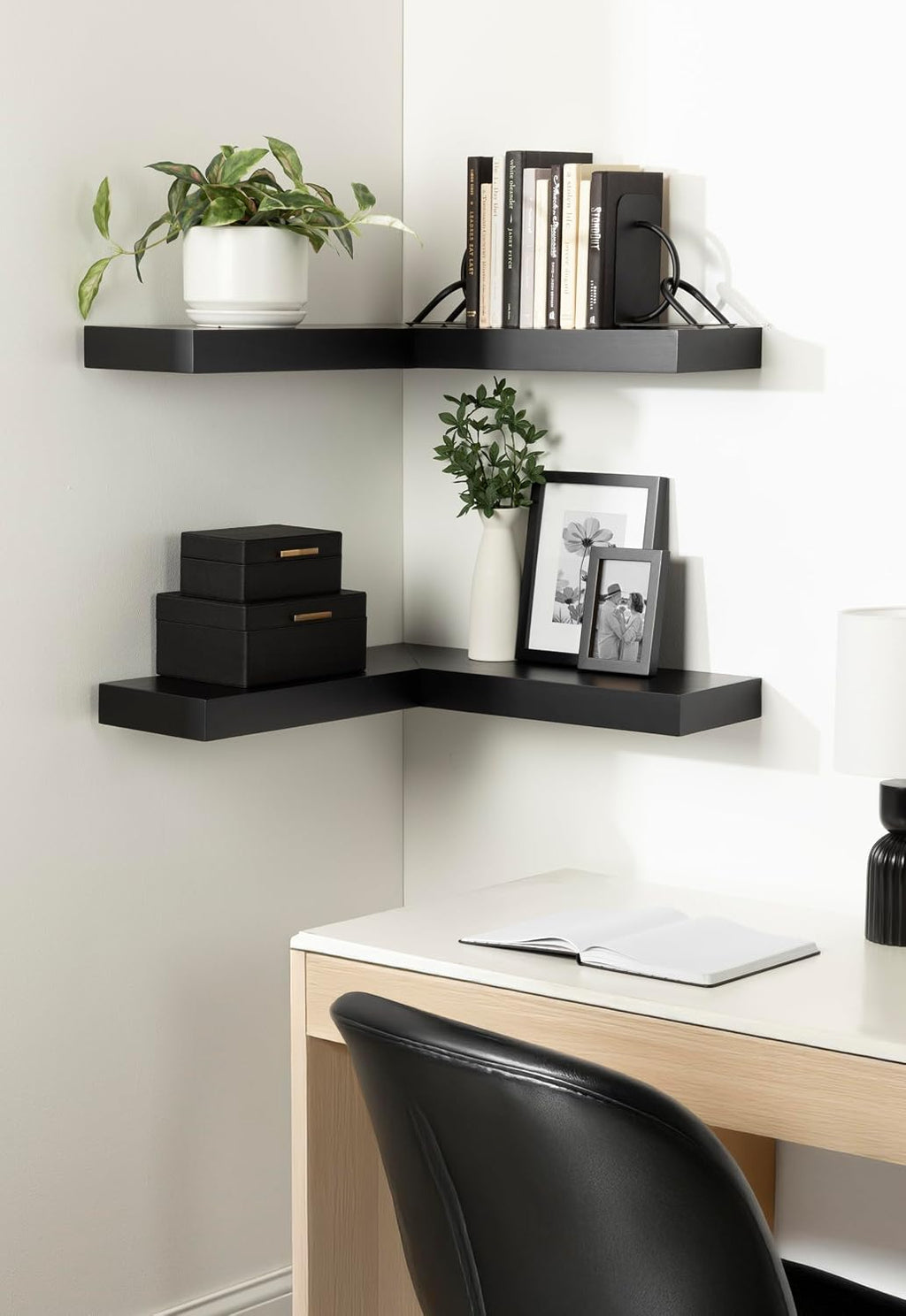 Kate and Laurel Havlock Modern Wood Two-Piece Floating Corner Shelf Set, 26 x 8 x 3, Black, Wooden Corner Shelving with Unique Geometric Shape for Living Room Decor or Entryway Storage