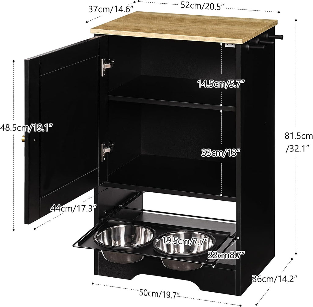 Echo Voyage Feeding Station with 1 Storage Cabinets, Pet Feeder Station with 2 Elevated Dog Bowls, Side Hooks, Anti-tip Kit, Hidden Pet Feeder Station for Feeding & Watering, Black