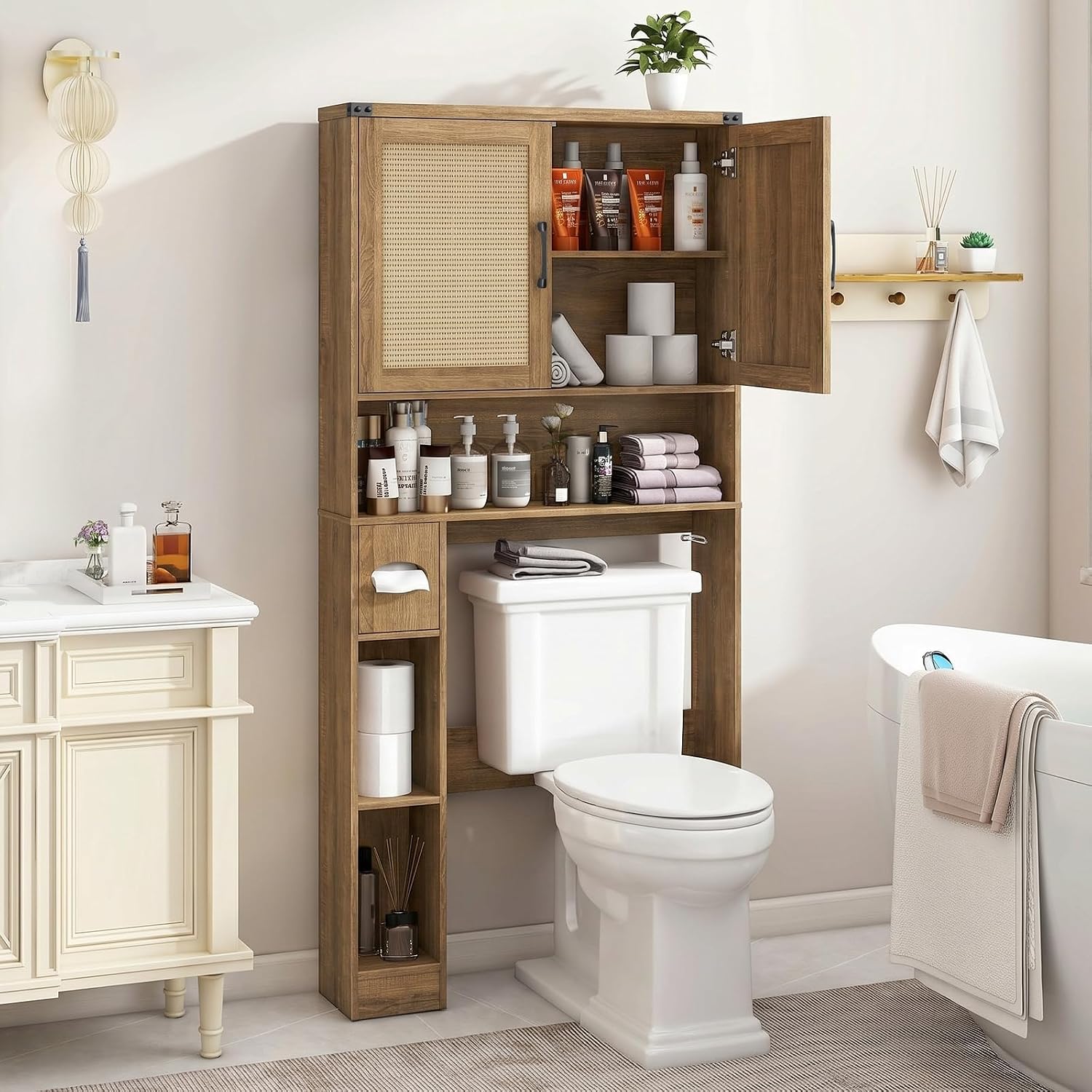 Vabches Over The Toilet Storage Cabinet, Farmhouse Storage Cabinet Over Toilet with 2 Rattan Barn Doors & Home Space-Saving Toilet Rack, for Bathroom, Restroom, Laundry. Rattan