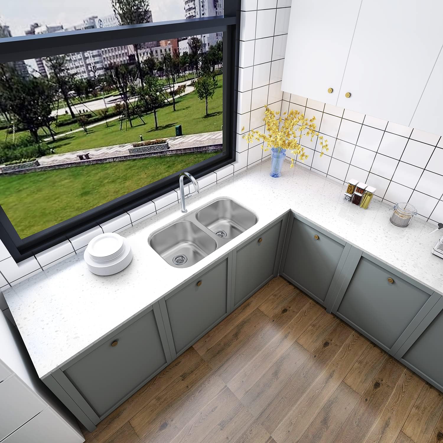 Sinber MU3218D 32' x 18' x 9' Undermount Double Bowl Kitchen Sink with 18 Gauge 304 Stainless Steel Satin Finish (Sink Only)