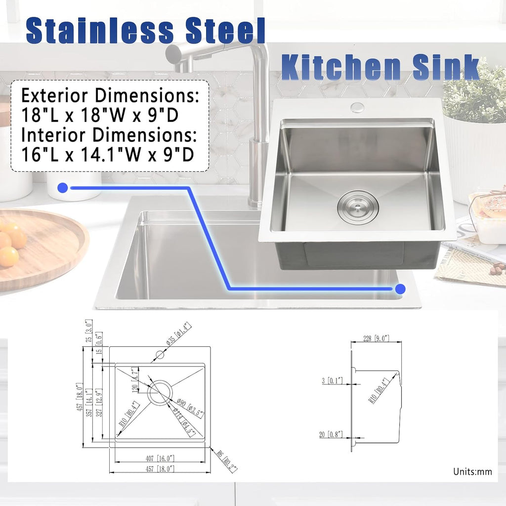 18x18 Drop In Kitchen Sink and Faucet Combo Set - 18 Inch Stainless Steel Small Bar Sink Drop In, 9 Inch Deep Small Single Bowl Kitchen Sinks Workstation with Accessories