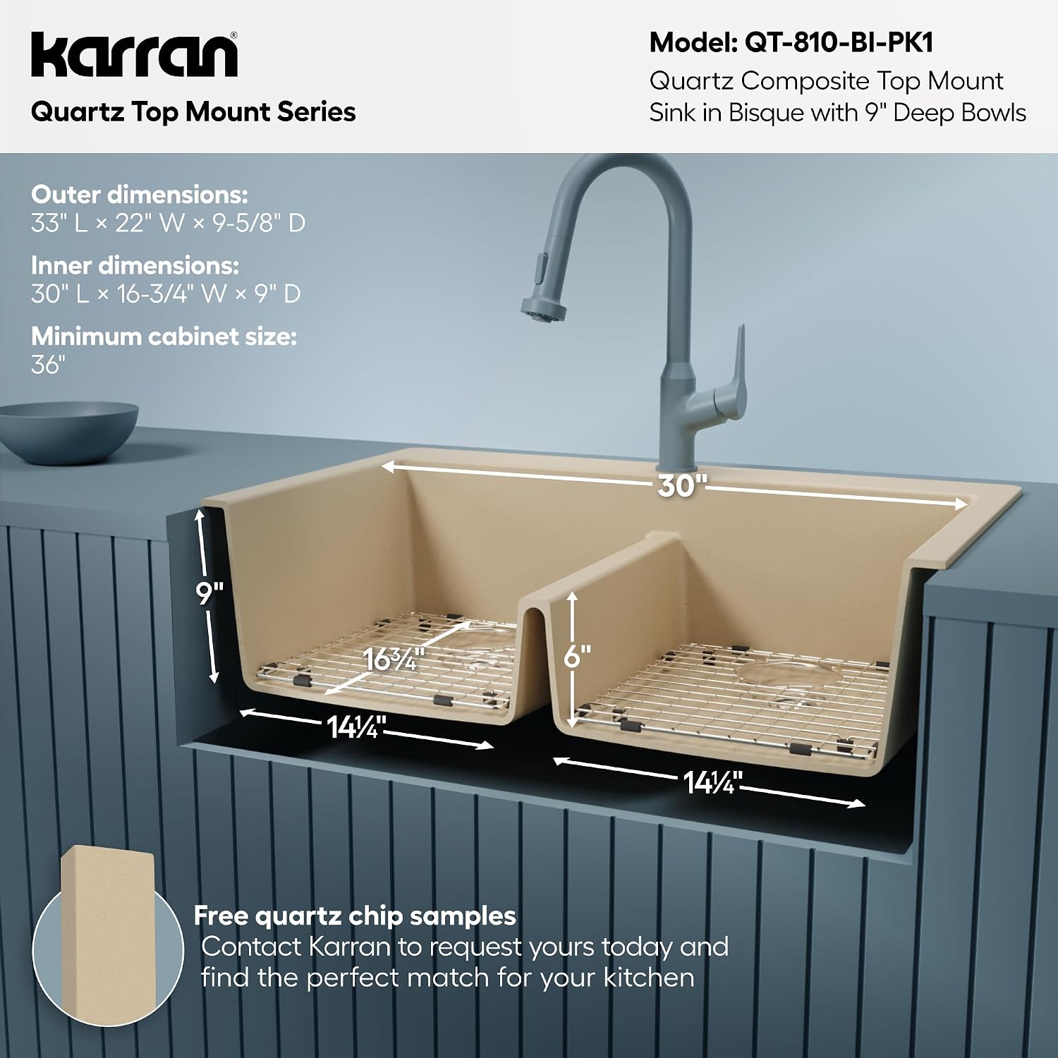Karran QT-810 33' Top Mount Double Equal Bowl Quartz Kitchen Sink Kit in Bisque