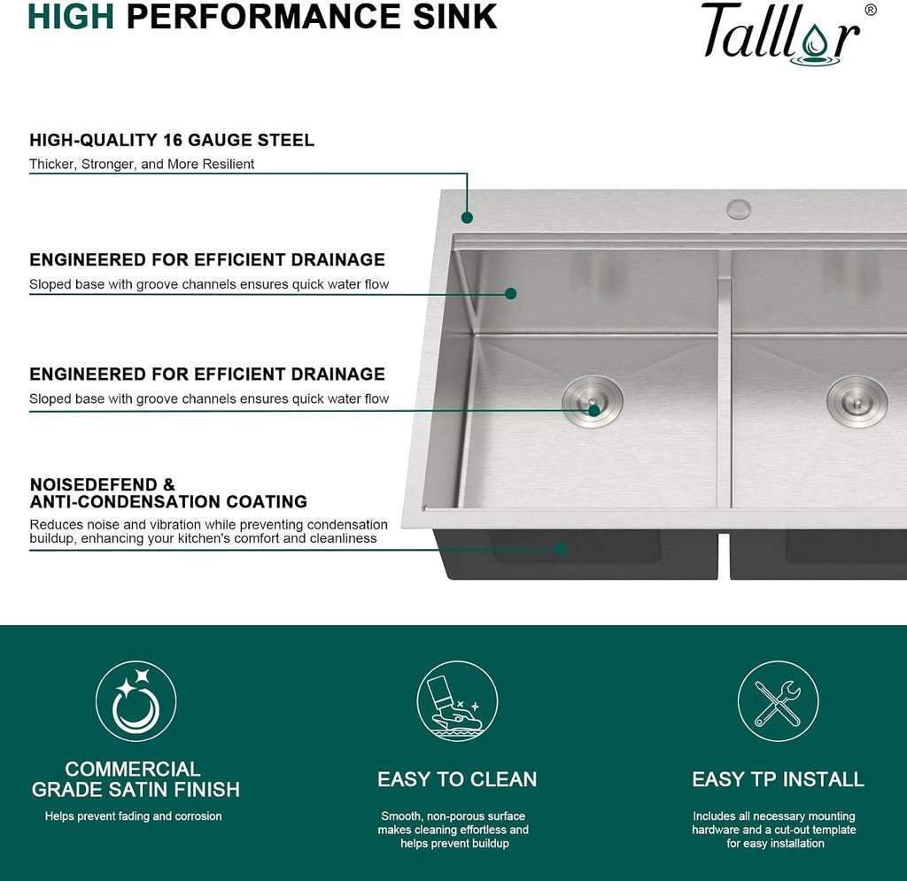 33x22 Double Bowl Drop In Kitchen Sink - Workstation All-In One 16 Gauge T-304 Stainless Steel Low Divide Topmount 2 Pre-drill Holes Sink with Accessories for Kitchen#TLDB-501