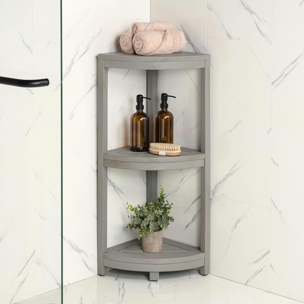 happimess SHF1000G Sela 33' Classic Minimalist 3-Tier Acacia Wood Freestanding Bathroom Corner Shelf, Shower Organizer, Storage Rack for Bath, Office, Kitchen Desktop, Gray
