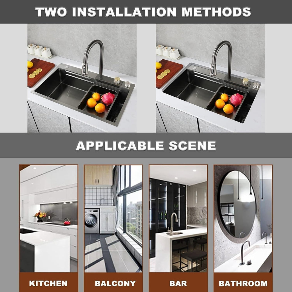 Single Bowl Kitchen Sink 304 Stainless Steel Bar Sink Household Multi-Function RV Sink with Faucet and Cup Washer Drop in Or Under Mount (Grey-68x45x22cm
