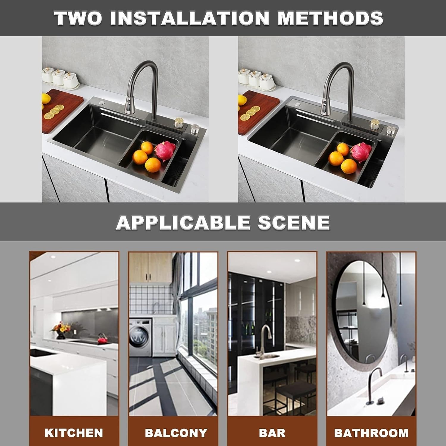 Single Bowl Kitchen Sink 304 Stainless Steel Bar Sink Household Multi-Function RV Sink with Faucet and Cup Washer Drop in Or Under Mount (Color : Grey, Size : 68x45x22cm) (Gun Grey 68x45x22cm