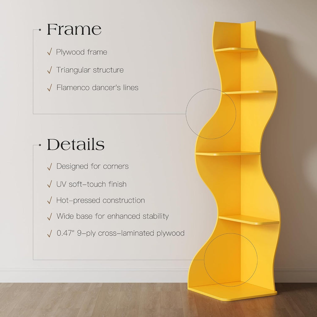 YOWOS 69.4' 5-Tier Modern Corner Bookshelf – Wavy Wooden Display Shelf with Storage, Narrow Corner Bookcase for Small Spaces, Ideal for Plants, Books & Decor (Yellow)
