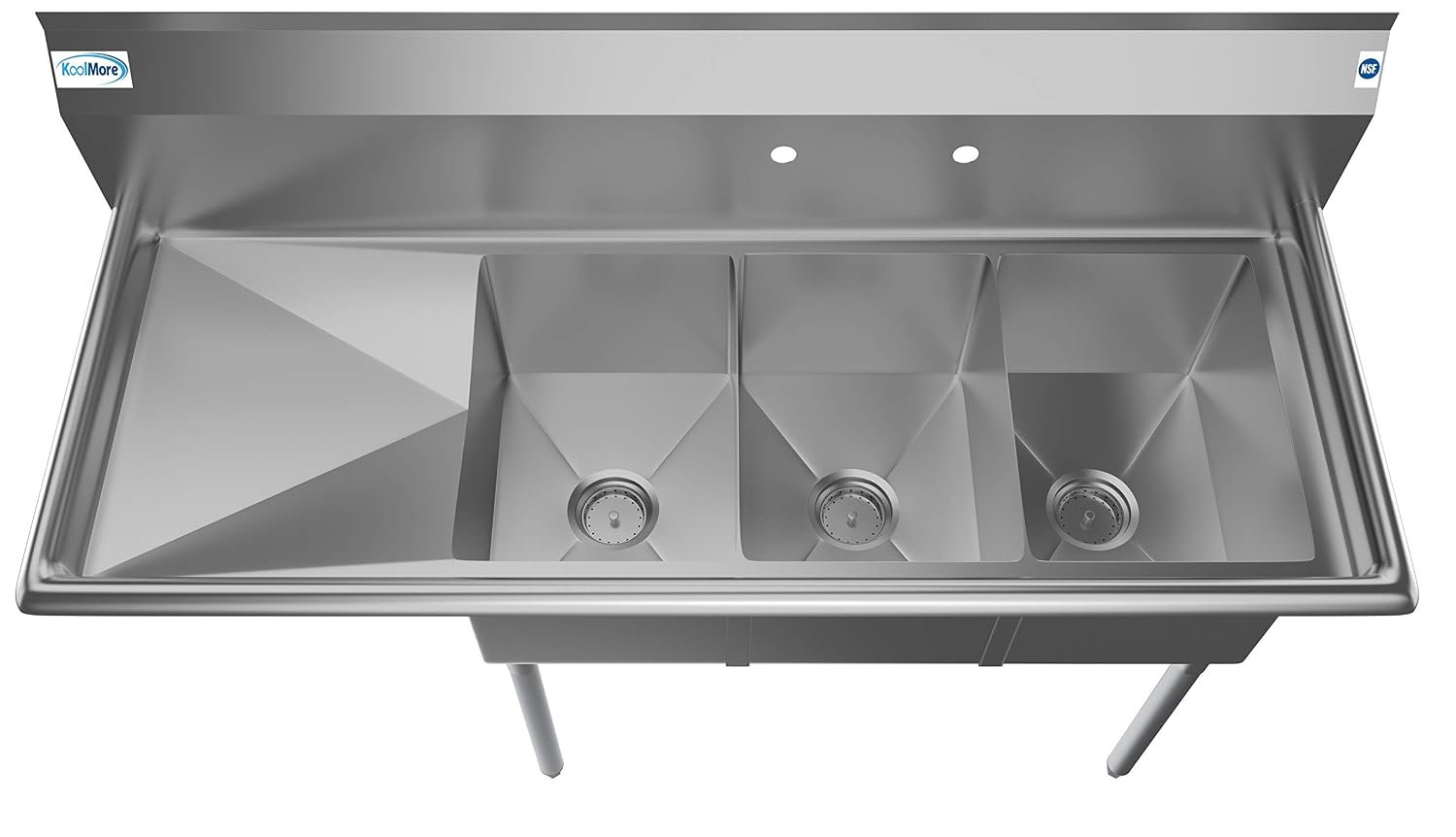 KoolMore 3 Compartment Stainless Steel NSF Commercial Kitchen Sink with Large Drainboard - Bowl Size 12' x 16' x 10', Silver